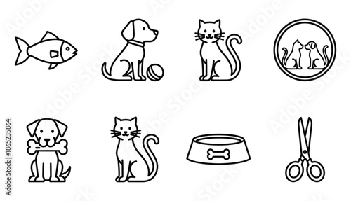 Pet shop supplies outline icons set dog bone ball food bowl grooming scissors fish animal.