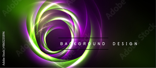 Abstract swirls, vibrant green, purple hues. Dynamic energy radiates from central point. Dark background enhances luminosity.