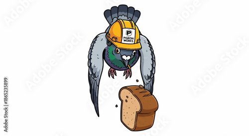 Pigeon Construction Worker Wearing Yellow Hard Hat and Eating Bread, Funny Urban Bird Labor Concept Illustration