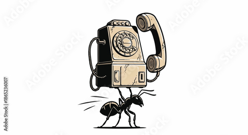 Strong Small Ant Lifting Huge Vintage Rotary Phone, Concept of Teamwork Strength and Communication Illustration