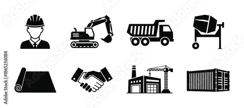 Construction industry icons with engineer equipment worker blueprint handshake and factory elements