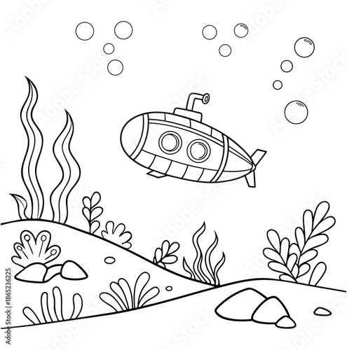 Submarine on ocean floor around sea plants and bubbles- coloring page for kids