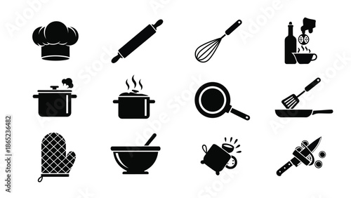 Collection of twelve black and white minimalist icons representing essential cooking tools and kitchen implements needed for baking and food preparation tasks