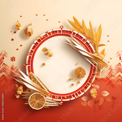 vector illustration of an abstract floral background, Flat mooncake and fan border frame with copy space concept as a border frame featuring a mooncake an
