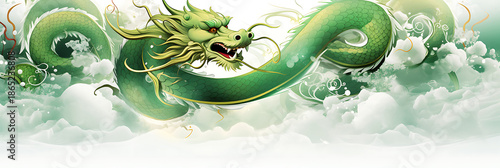 green leaf with water drops, The image depicts a stylized green chinese dragon with red accents showcasing its powerful and majestic form
