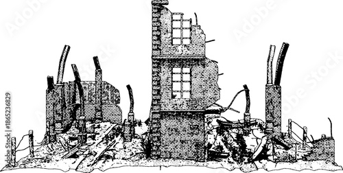 Isolated Crumbling Wall Ruins Silhouette Aftermath Graphic.This evocative graphic represents war, natural disaster, or total urban decay, making it a powerful visual for editorial pieces.