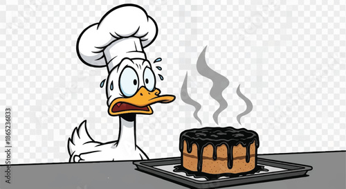 Worried Goose Chef Looking at Burnt Cake with Smoke, Funny Culinary Fail and Professional Mistake Illustration