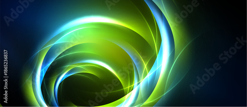 Abstract swirls, vibrant colors blend. Green, blue hues create dynamic energy, flowing forms suggest movement, depth. Light radiates from center.