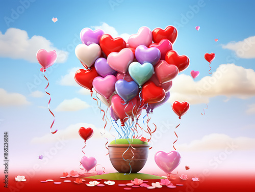 balloons flying in the sky, Roses and balloons for valentine day, Happy Valentines Day background, balloon in form of heart with bow and ribbon and open red box
