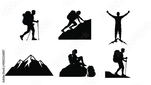 Collection of black silhouette icons depicting various challenging hiking and mountain climbing activities including trekking success rest and mountaineering elements for outdoor adventure graphics