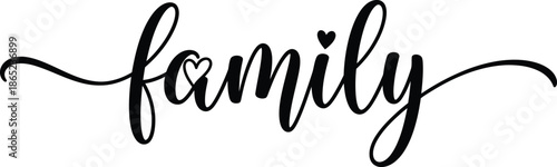 A stylized illustration of the word 'family' with heart