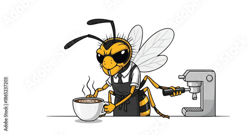 Busy Wasp Barista Making Professional Coffee with Espresso Machine, Cafe Service and Hospitality Concept Illustration