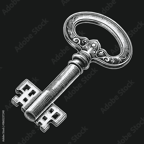 Intricate Engraved Key Illustration on Dark Background: Vintage Charm.