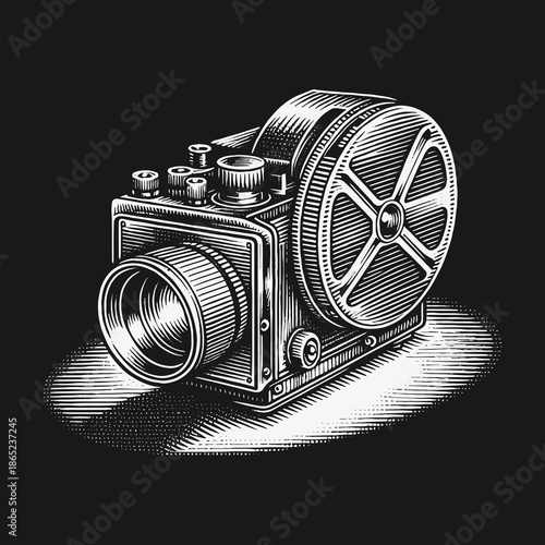 Vintage Film Camera Illustration with Detailed Engraving Style.