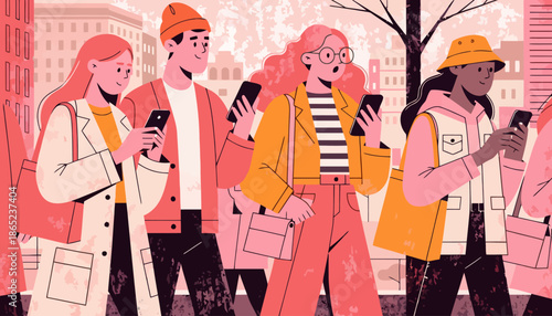 Diverse group of young adults engrossed in smartphone technology while walking through vibrant cityscape