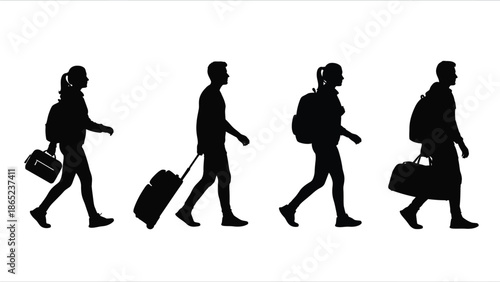 Silhouette collection of four diverse travelers walking purposefully while carrying various types of luggage including rolling suitcases backpacks and duffel bags for airport or train station concept