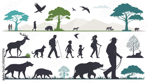 People exploring nature with animals in scenic landscape