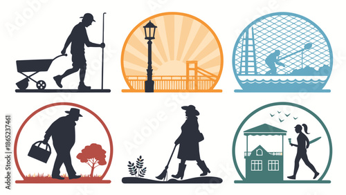 Silhouettes of people doing various jobs and activities outdoors