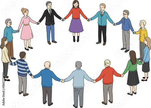Community circle, diverse people, unity concept, group connection, teamwork, social bonding, inclusive design, vector illustration, support, togetherness