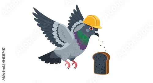 Pigeon Construction Worker Wearing Yellow Hard Hat Eating Bread, Funny Urban Bird and Labor Concept Illustration