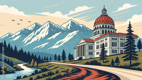 Montana State Capitol building with scenic mountain landscape