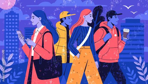 Diverse group of young adults walking together in city