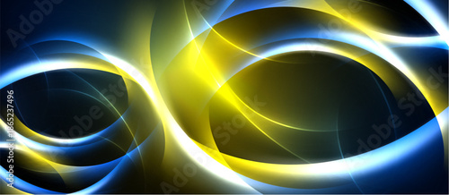 Abstract design features flowing blue, yellow shapes. Bright light creates dynamic energy, contrasting dark background. Modern, vibrant composition.