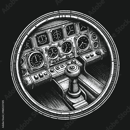 Detailed Illustration of a Vintage Airplane Cockpit Instrument Panel.