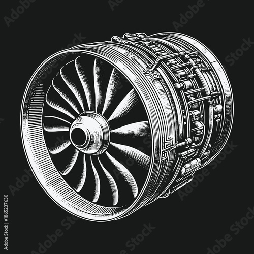 Detailed Engraving of a Modern Jet Engine Design.