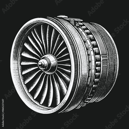 Detailed Engraving of a Modern Jet Engine Design.