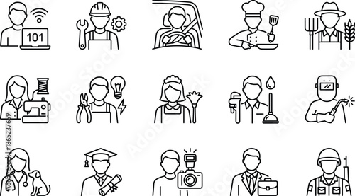 Modern profession and occupation line icon collection featuring workers, tools, medical care, education, culinary, farming, and industrial careers in clean minimalist vector style