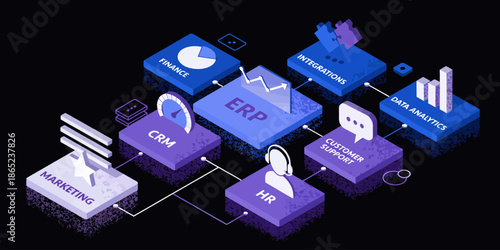 AI Business Automation Abstract Vector Illustration – Enterprise Resource Planning ERP System Integration Network for Business Operations and Management