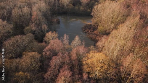 Aerial Drone Footage of Winter Pond in Gunpowder Park Woodland