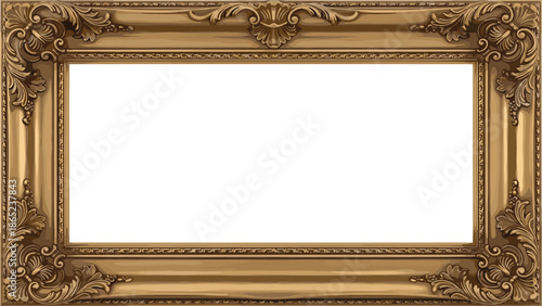 Ornate picture frame, gold carved border, vintage decoration, classic design, empty artwork holder, elegant vector, antique style, decorative clipart