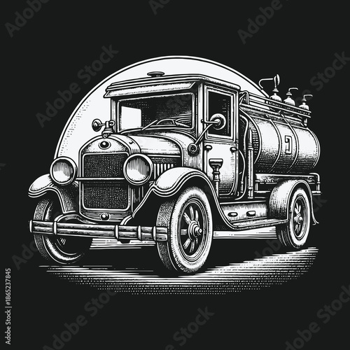Vintage Fuel Truck Illustration on Black Background Detailed Design.