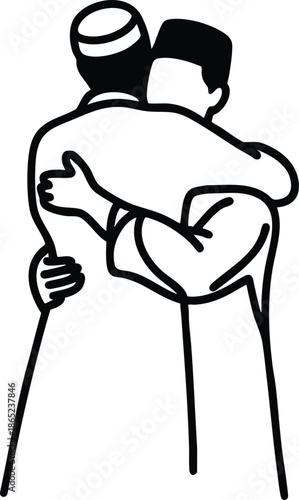 Two men embracing in a warm hug representing friendship unity and Muslim culture simple line art illustration on white