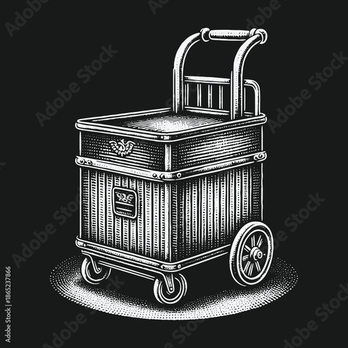 Vintage Luggage Cart Illustration with Intricate Engraving Details.