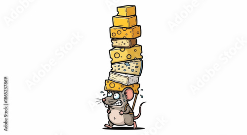Hungry Mouse Balancing a High Stack of Different Cheese Slices, Concept of Greed and Successful Food Hunt Illustration