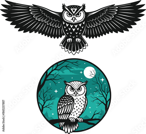 Stylized owl illustration, black and white design, forest scene, moonlight clipart, nocturnal bird, vector art, symmetrical feathers