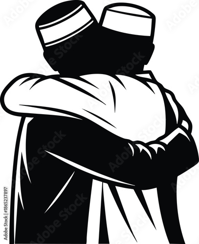 Two men in kufi hats embracing symbolizing Muslim brotherhood and friendship vector illustration for cultural and religious concepts