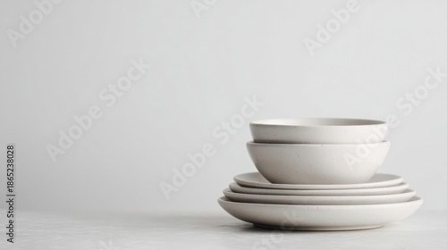 Stack of white ceramic bowls and plates on a plain white background. the bowls are stacked on top of each other, with the largest bowl at the bottom and the smallest at the top.