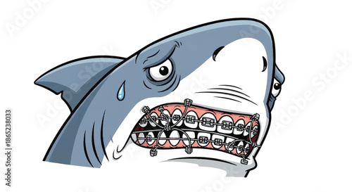 Sad Shark Character with Metal Braces on Teeth, Funny Dental Care and Orthodontics Health Concept Illustration