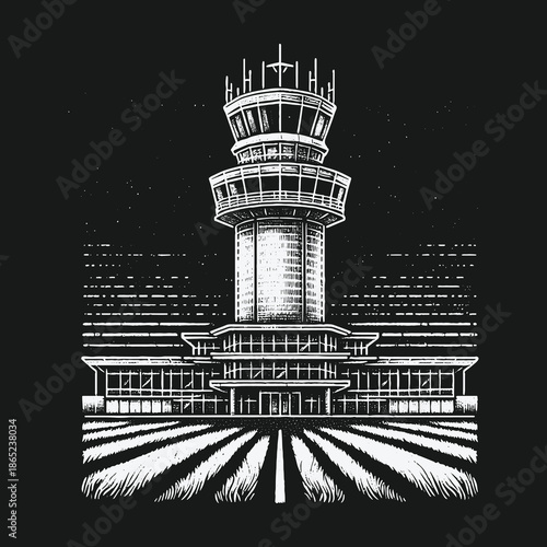 Monochrome Airport Control Tower Illustration with Runway Perspective.