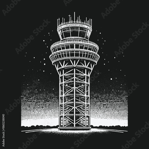 Air Traffic Control Tower at Night Illustration.