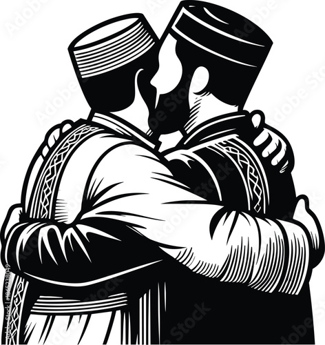 Two Muslim men in kufi hats embracing warmly symbolizing friendship and unity a vector illustration for cultural or religious themes