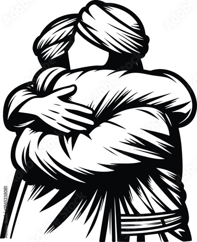Two people in turbans embracing warmly a symbol of unity and connection isolated on a white background