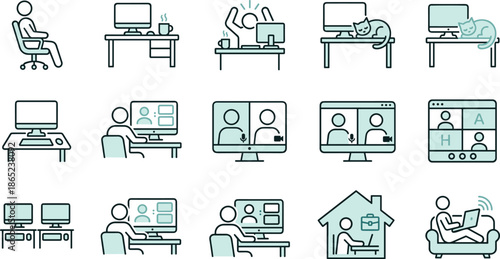 Remote work and home office icons featuring video meetings, desk setups, online collaboration, productivity tools, and digital communication in clean modern line style