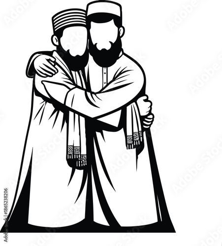 Two Muslim men in traditional clothing embracing representing friendship and unity simple vector illustration on white background