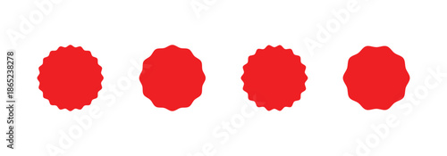 Wavy edge promo red starburst set. Zig zag edge silhouette circle design for price tag, label, sales sticker. Flat vector icon set isolated on white background.