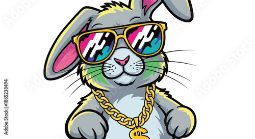 Cool Rabbit Character Wearing Gold Chain and Colorful Sunglasses, Hip Hop Style Bunny Streetwear Fashion Illustration